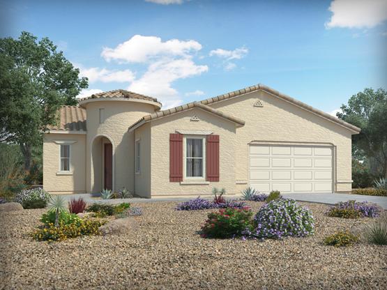 Beautiful stucco home with red tiled roof and turret. This is the Franklin home plan by Meritage Active in the Estates at Province community in the Phoenix Area.