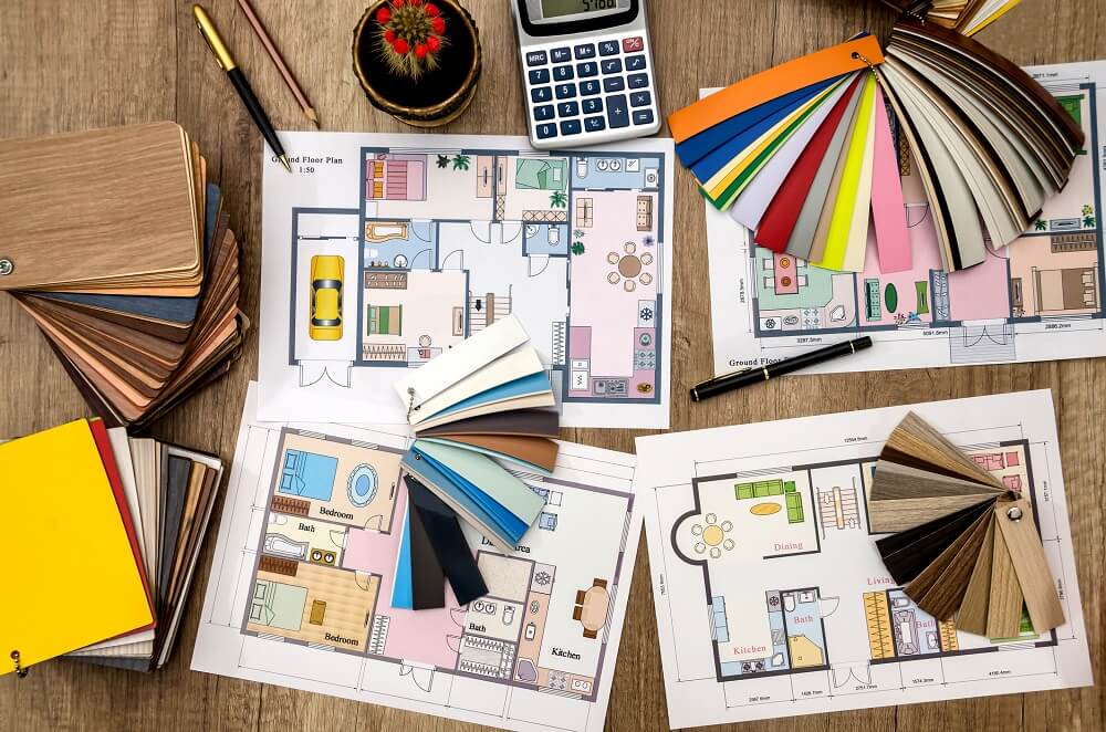 Floor plans with color samples for flooring and furniture