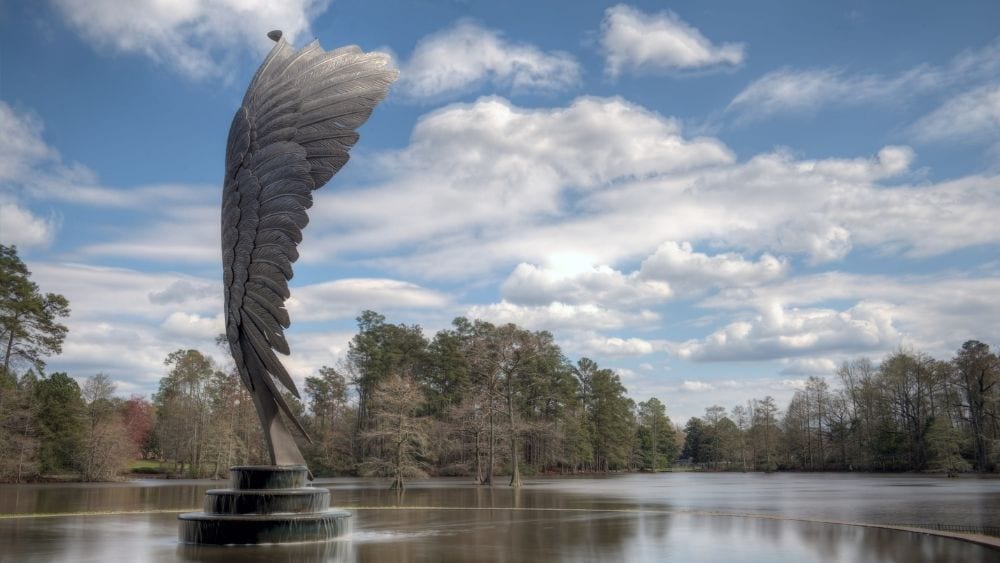 Feather statue at Swan Lake in Sumter, South Carolina.