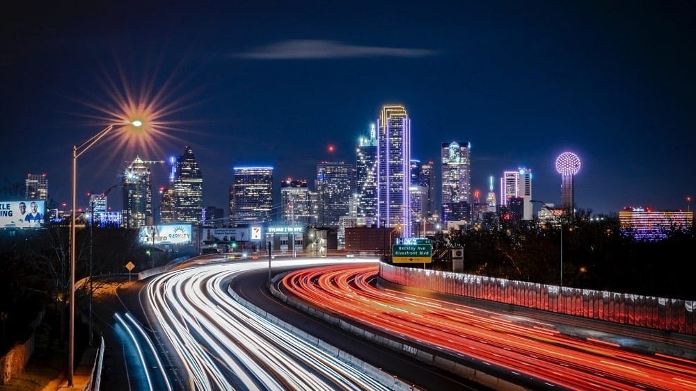 Downtown Dallas illuminated at night.