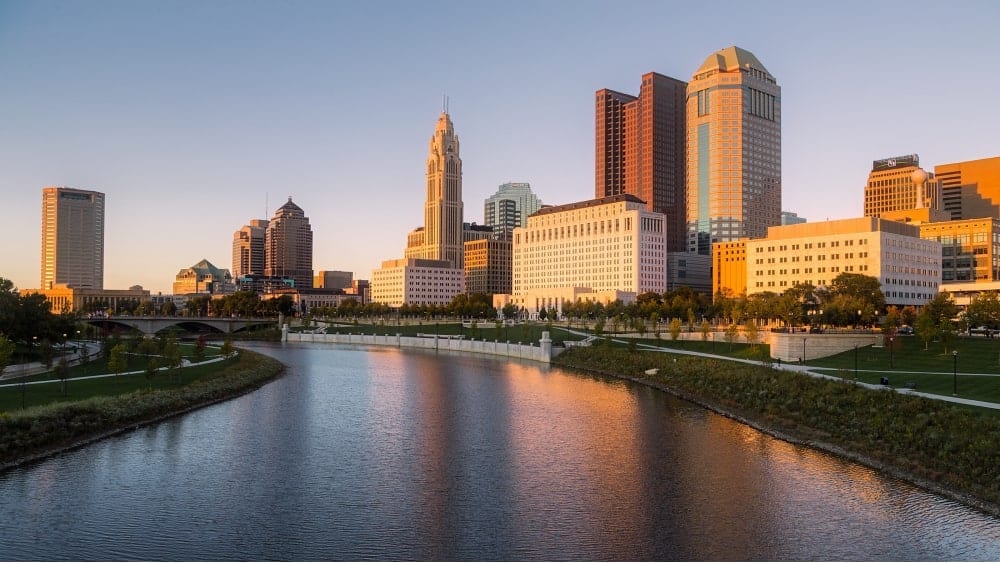 Skyline view of downtown Columbus Ohio from the Scioto River
