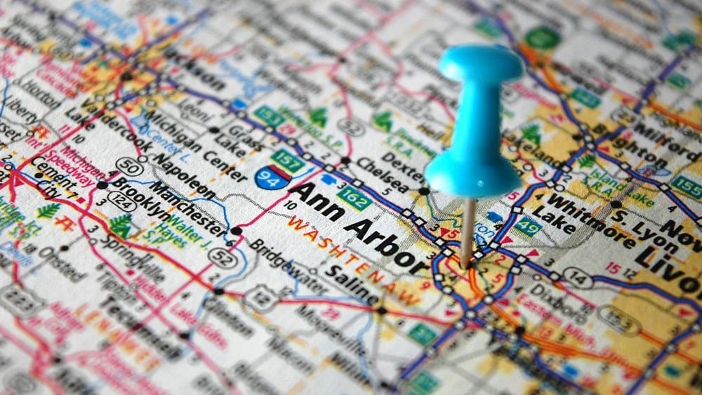 Pin stuck in map of Ann Arbor, MI.