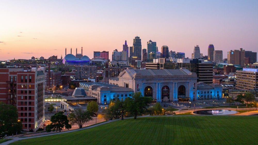 View at dusk of Kansas City, Missouri, skyline with Union Station in foreground