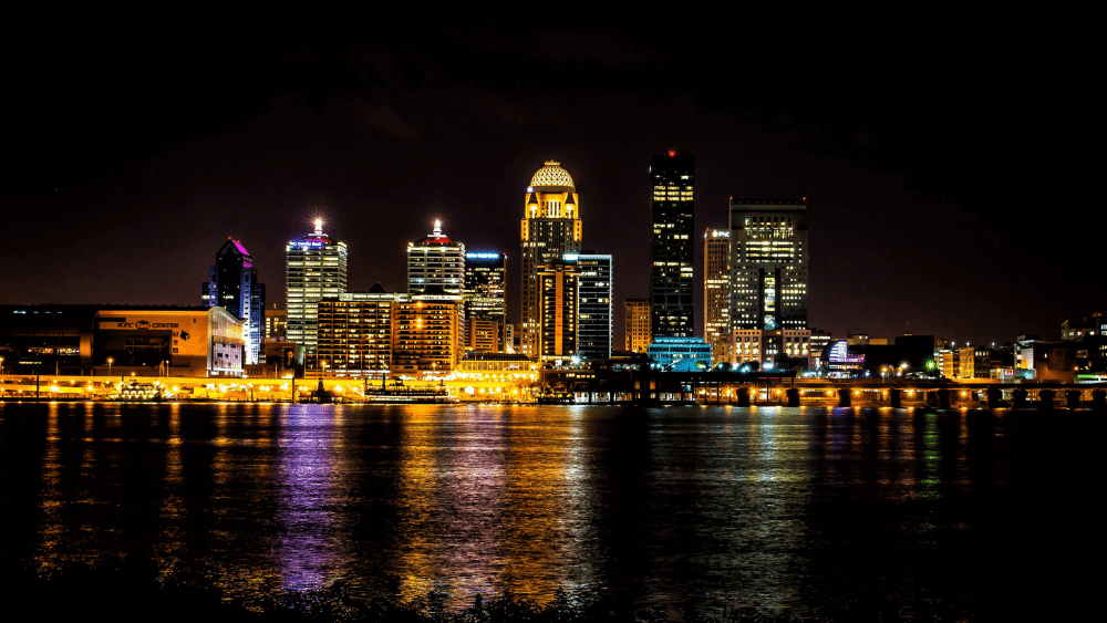 Louisville skyline at night from the river.