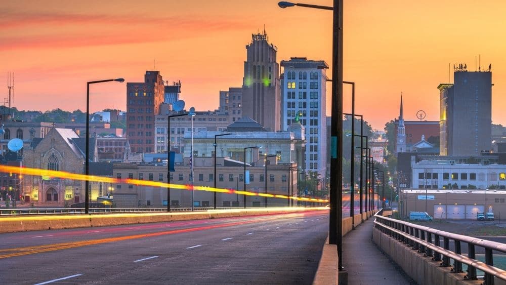 Youngstown, Ohio skyline at sunset.