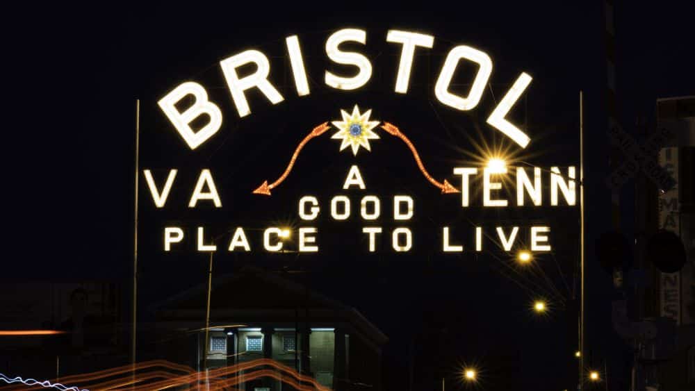 Neon sign that reads "Bristol, Virginia-Tennessee: A Good Place to Live."