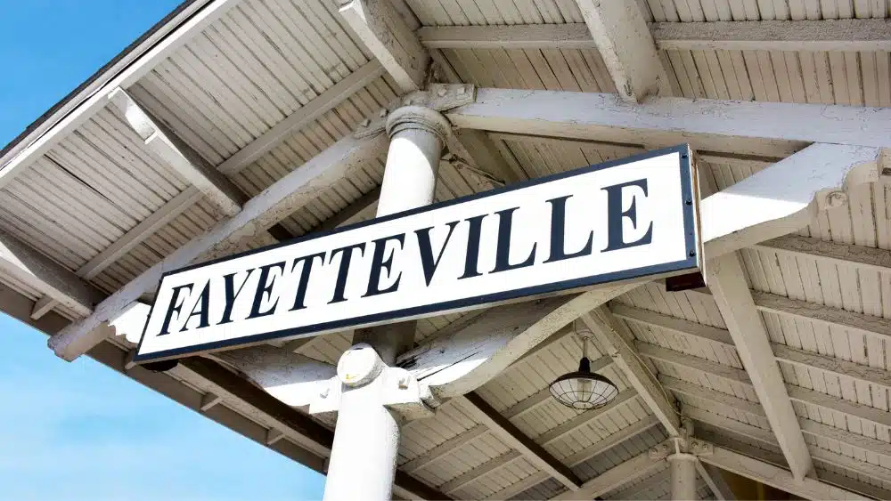 train station sign for Fayetteville, NC